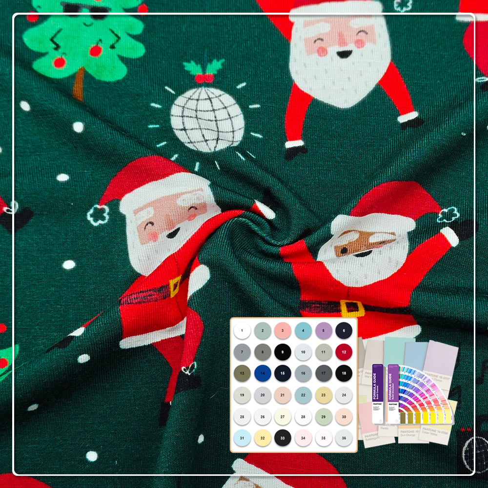 Festlicher, weihnachtlich bedruckter Jersey-Stoff aus Bambus-Spandex (95 % Bambus, 5 % Spandex, 220 g/m², 170 cm Breite) – weich, dehnbar und umweltfreundlich für Kinderpyjamas und Freizeitbekleidung