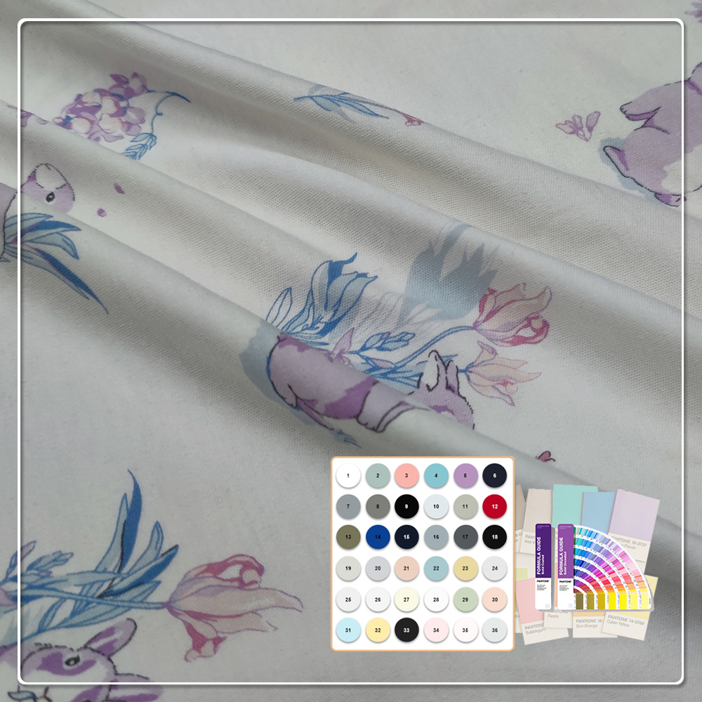 Tkanina interlock z certyfikatem Oeko, wykonana z bambusa, bawełny i spandexu w technologii compact-spun - Żywe cyfrowe nadruki reaktywne na odzież dziecięcą