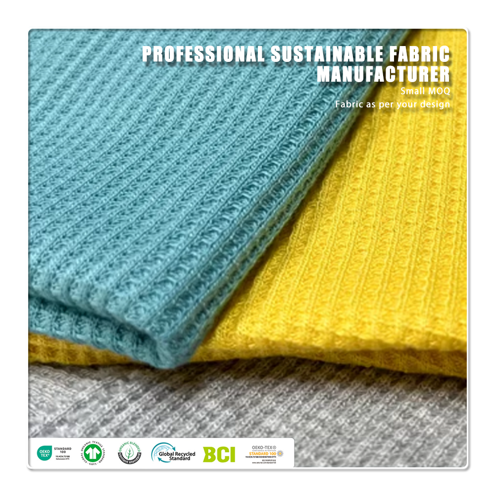 Kiváló minőségű, környezetbarát, nedvességelnyelő bambusz–szerves pamut waffle-szerű anyag, 275 g/m², baba- és gyermekruhákhoz