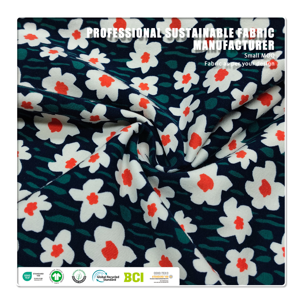 نسيج جيرسي مطبوع عالي الجودة 200 جم/م²، 160 سم، مكون من 95% قطن عضوي و5% سباندكس، مناسب لصنع تيشيرتات