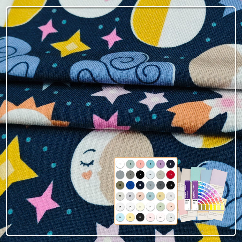 Whimsical Celestial Print Bamboo Spandex Jersey (90% Bamboo / 10% Spandex, 220gsm, 170cm) – Cute Sun, Moon & Star Pattern for Kids Yoga Wear