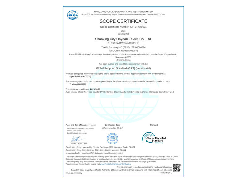 Kami ay sertipikado ng GRS.Textile Exchange-ID (TE-ID): TE-00066884