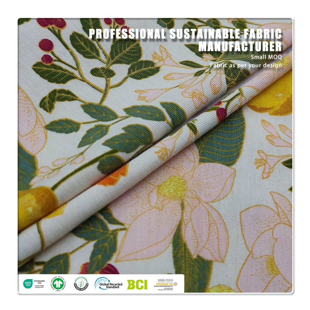 Hudvänlig 200 gsm 95 % bomull 5 % spandex enkel jersey med tryck är lämplig för sommart-tröjor