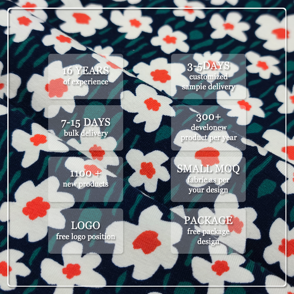 نسيج جيرسي مطبوع عالي الجودة 200 جم/م²، 160 سم، مكون من 95% قطن عضوي و5% سباندكس، مناسب لصنع تيشيرتات