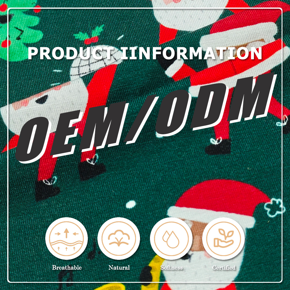 Festlicher, weihnachtlich bedruckter Jersey-Stoff aus Bambus-Spandex (95 % Bambus, 5 % Spandex, 220 g/m², 170 cm Breite) – weich, dehnbar und umweltfreundlich für Kinderpyjamas und Freizeitbekleidung