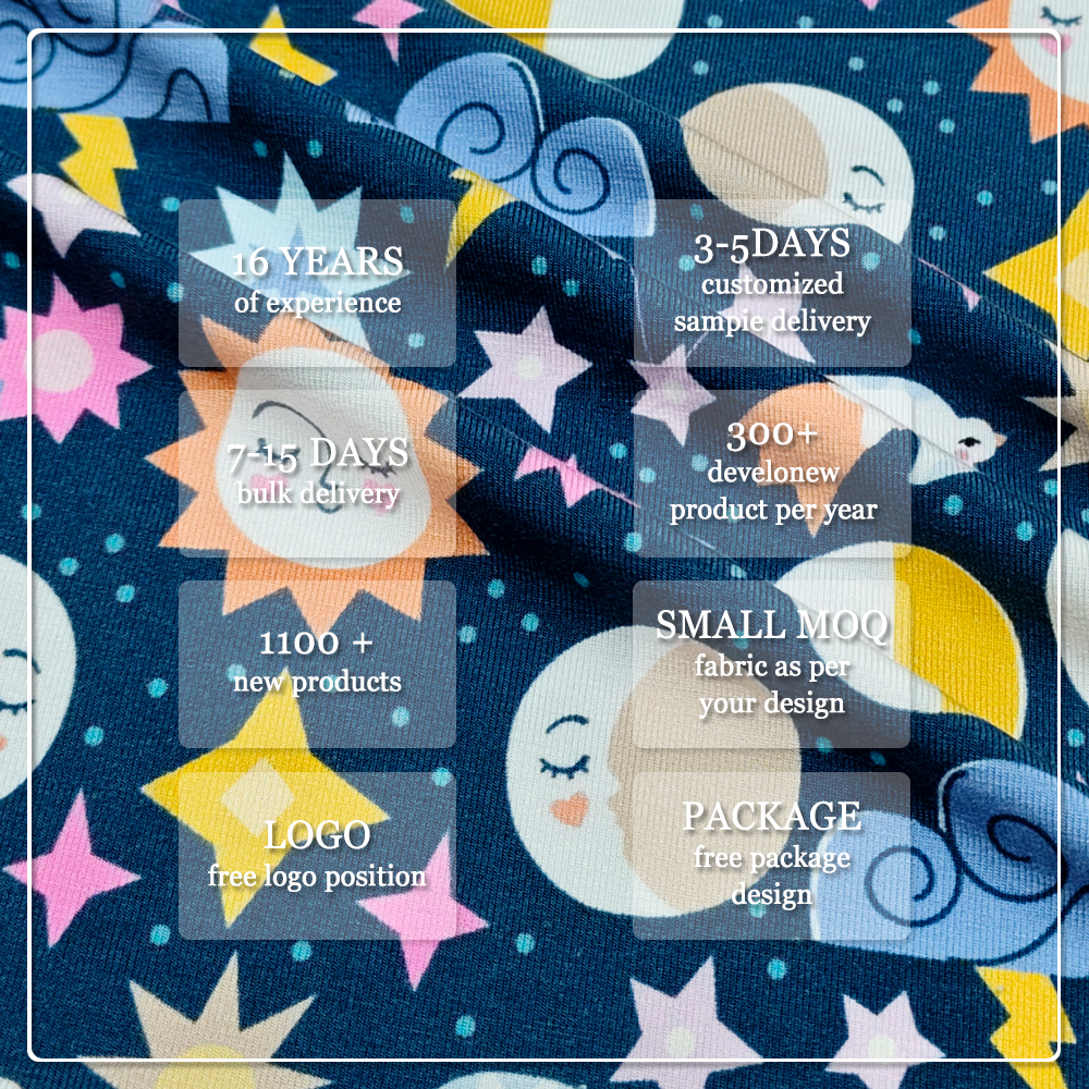 Whimsical Celestial Print Bamboo Spandex Jersey (90% Bamboo / 10% Spandex, 220gsm, 170cm) – Cute Sun, Moon & Star Pattern for Kids Yoga Wear