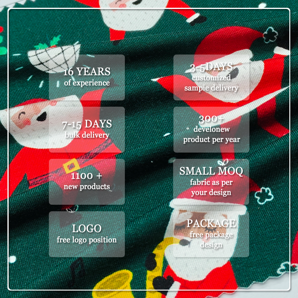 Festlicher, weihnachtlich bedruckter Jersey-Stoff aus Bambus-Spandex (95 % Bambus, 5 % Spandex, 220 g/m², 170 cm Breite) – weich, dehnbar und umweltfreundlich für Kinderpyjamas und Freizeitbekleidung