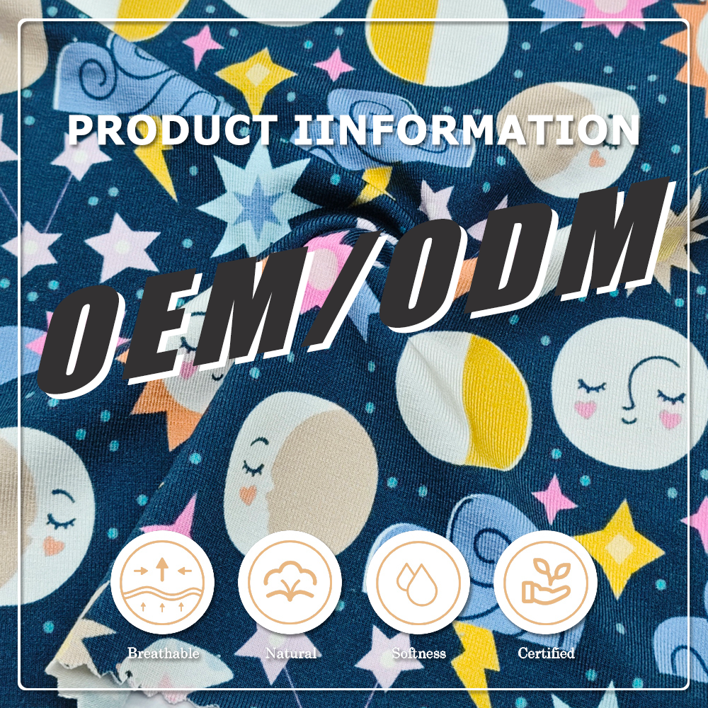 Whimsical Celestial Print Bamboo Spandex Jersey (90% Bamboo / 10% Spandex, 220gsm, 170cm) – Cute Sun, Moon & Star Pattern for Kids Yoga Wear