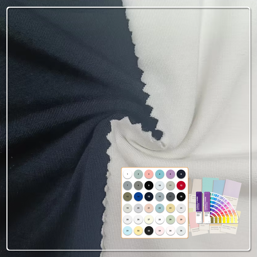 Önduð stretch efna sem er stökvarvörn, lífrænt, vinilegt við umhverfið, 68 % bambús-lyocell, 22 % chitosan, 10 % spandex, 220 g/m² efna fyrir yfirskyrturnar