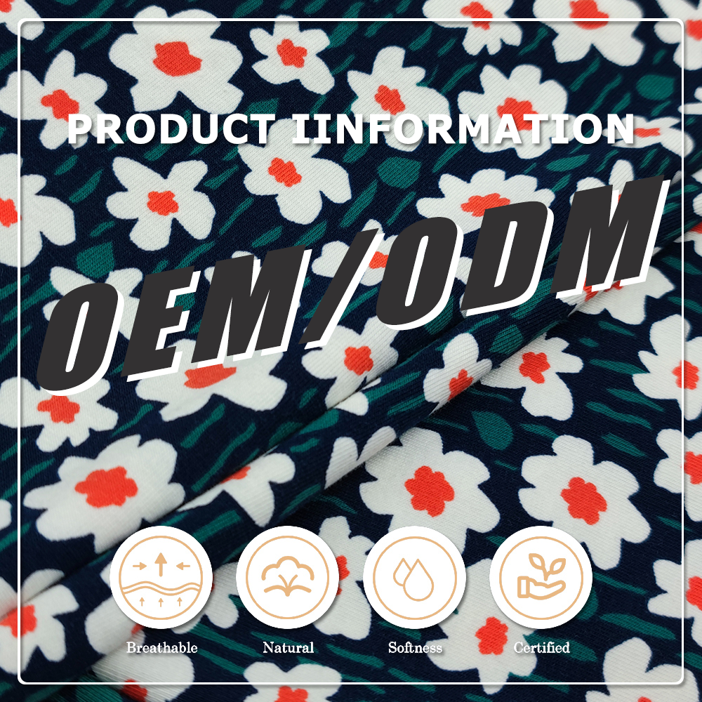 نسيج جيرسي مطبوع عالي الجودة 200 جم/م²، 160 سم، مكون من 95% قطن عضوي و5% سباندكس، مناسب لصنع تيشيرتات