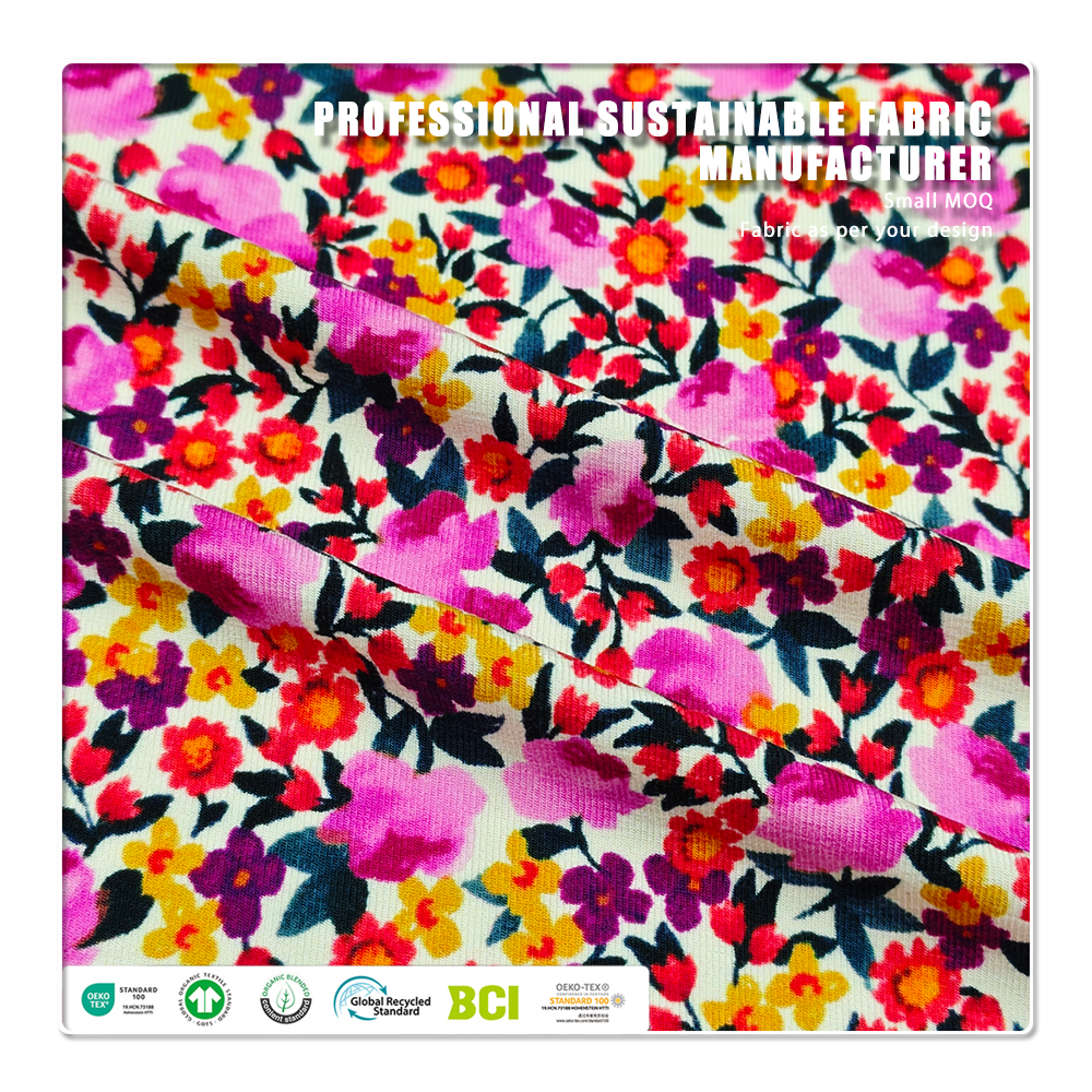 Vibrant Red & Pink Floral Print Bamboo Spandex Jersey 90% Bamboo 10% Spandex, 300gsm Heavyweight, 170cm Width, Soft Stretchable Fabric for Dresses, Blouses & Fashion Apparel