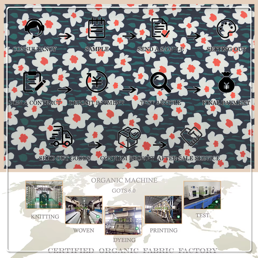 نسيج جيرسي مطبوع عالي الجودة 200 جم/م²، 160 سم، مكون من 95% قطن عضوي و5% سباندكس، مناسب لصنع تيشيرتات