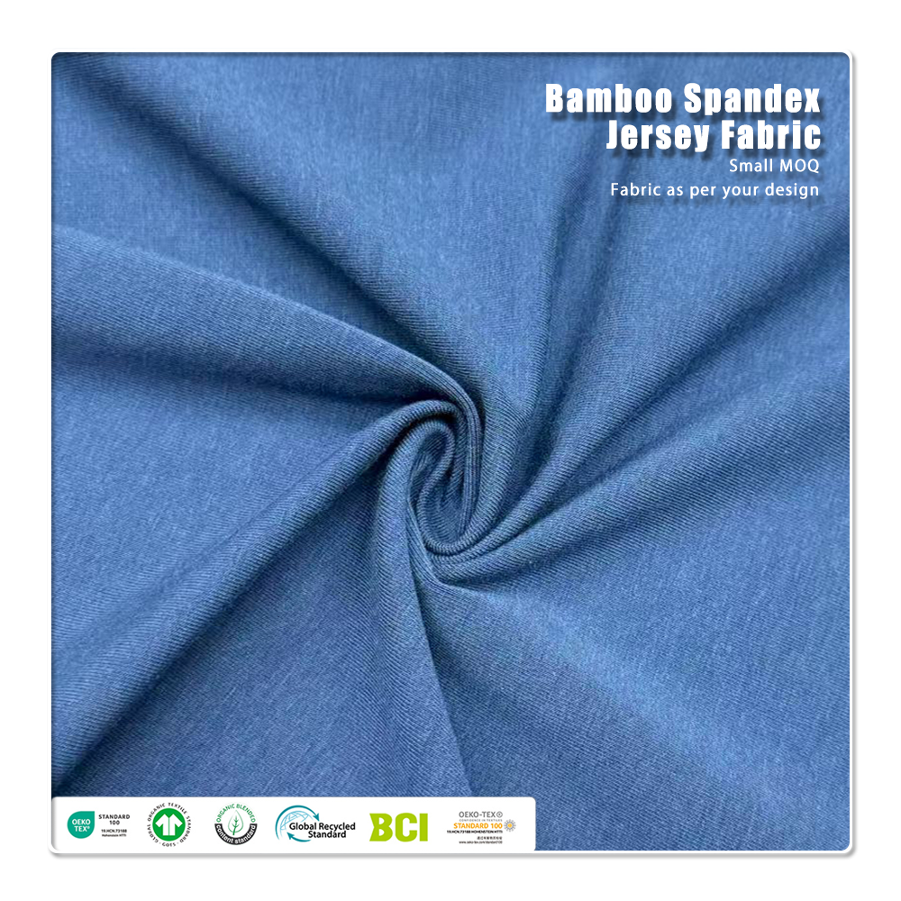 Natural, environmentally friendly, antibacterial and deodorizing 290gsm 63% Bamboo 27% Organic cotton 10% Spandex Jersey fabric is suitable for high-end sports warm clothing