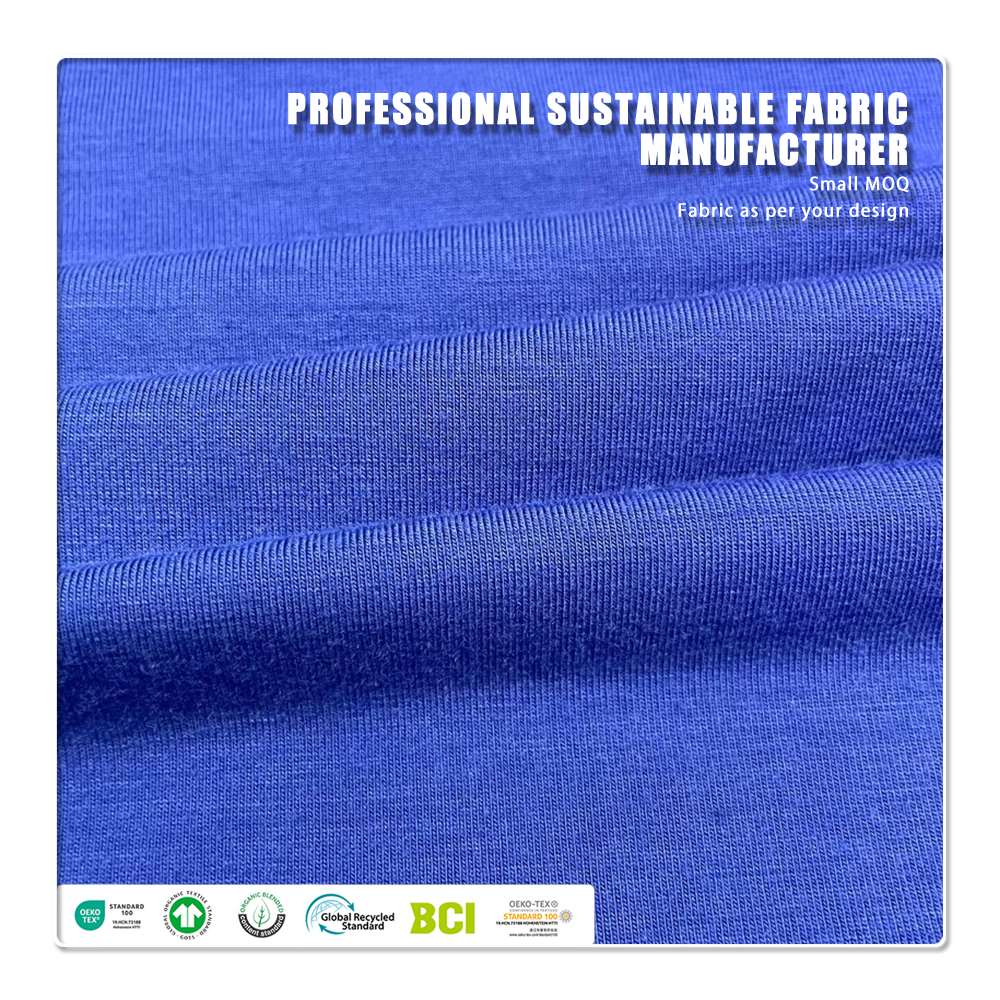 Újrahasznosított, négyirányú nyújtható, gyapjasodás-ellenes, nedvességfelvételre képes, 93% újrahasznosított poliészter és 7% spandex tartalmú RPET egyszerű jersey anyag ruhákhoz