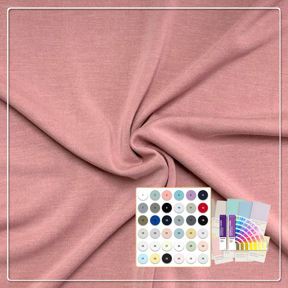 قماش جيرسي ناعم الملمس من مزيج الرايون/البوليستر العضوي الصديق للبيئة، بوزن 185 غرام/متر مربع وعرض 160 سم، مصبوغ بلون سادة، مناسب للملابس الداخلية والفساتين.