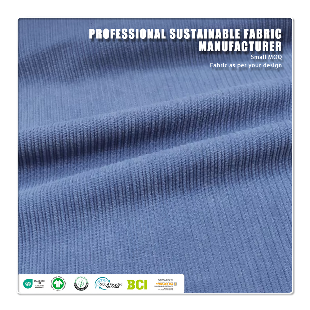 Új stílusú, 100%-os újrahasznosított poliészter kordbársony anyag, környezetbarát és lélegző, 270 g/m², ruházatra és pihenőruházatra
