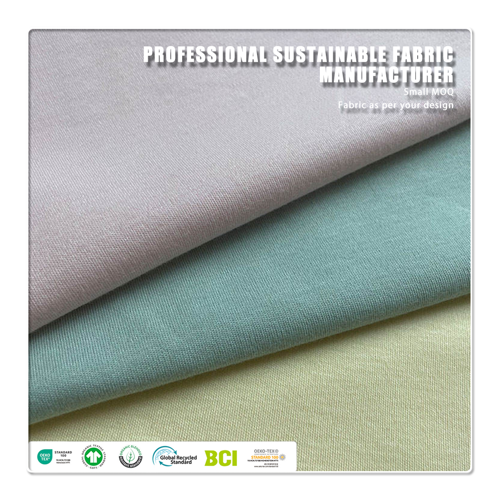 Экологичная, дышащая, антибактериальная трикотажная устойчивая ткань плотностью 200 г/м²: 70 % органического хлопка и 30 % вискозы из мяты, интерлок, для пошива одежды