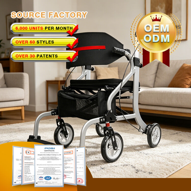 Compact Versatile Lightweight Rollator Crafted from Durable Aluminum Alloy with Side-To-Side Folding Design