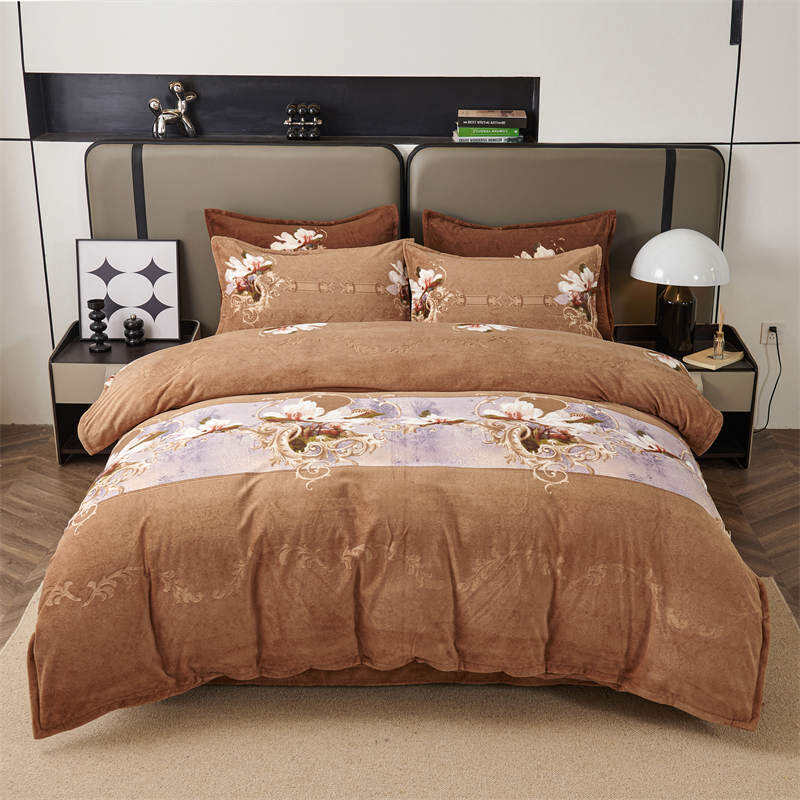 PRINTED MILKY VELVET BED COVER WITH EMBOSSED DESIGN -LT BROWN