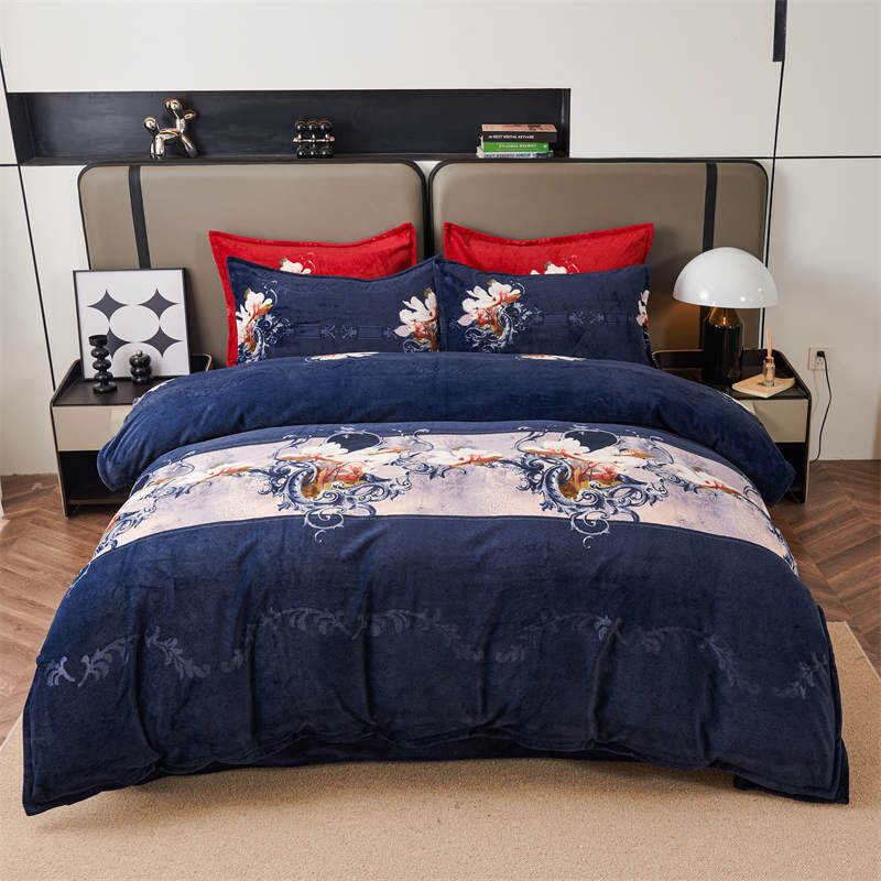 PRINTED MILKY VELVET BED COVER WITH EMBOSSED DESIGN -DK BLUE