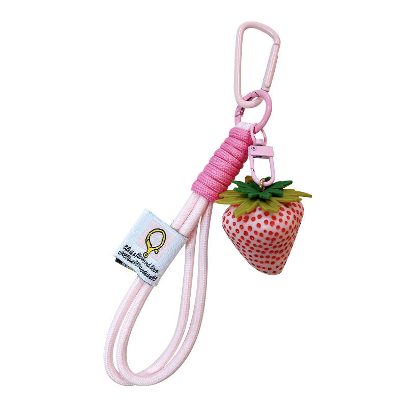 Realistic Strawberry Charm with Braided Lanyard - 4 Color Options, Carabiner Clip for Bags & Keys, Cute Fruit Keychain Pendant