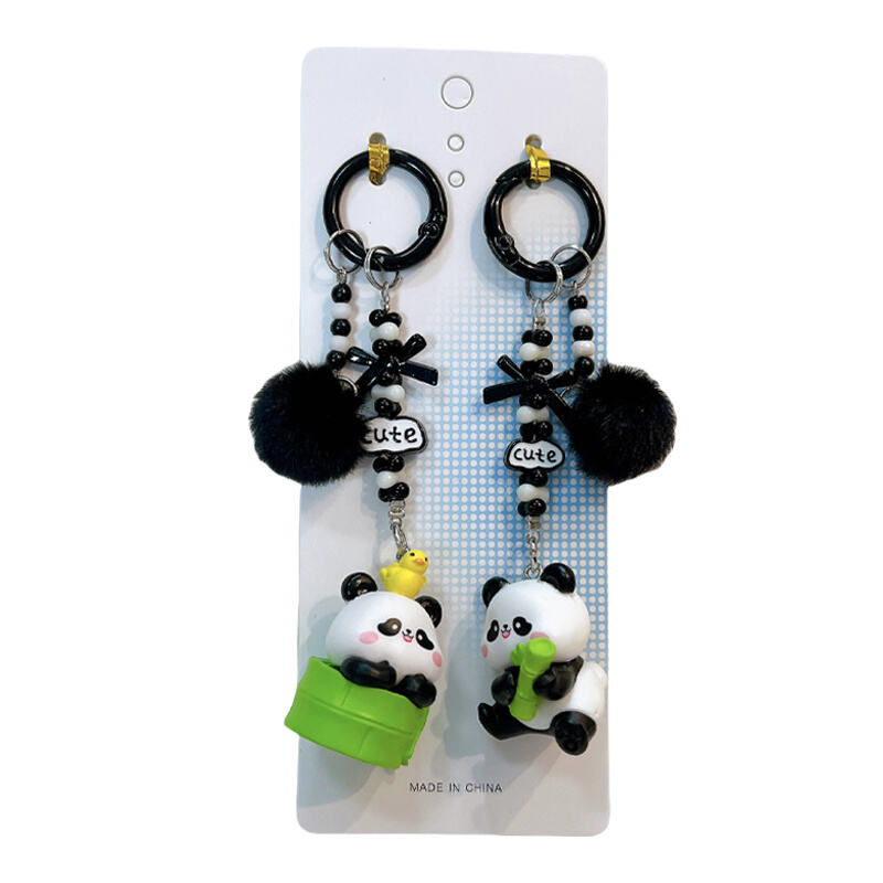 Couple Panda Keychains with Pom - poms & Beads and Mobile phone Charm
