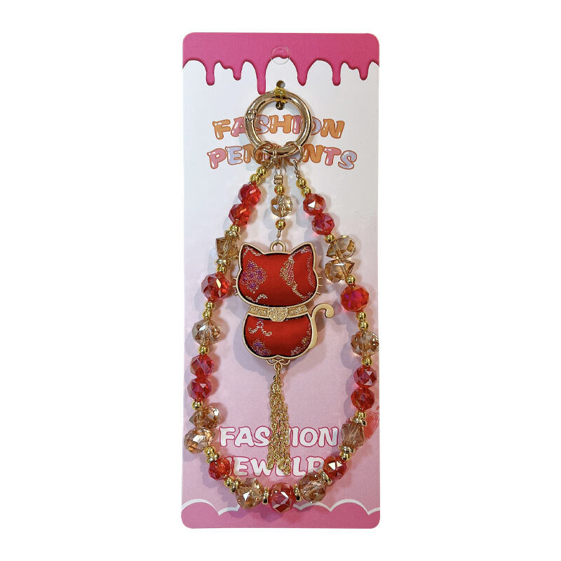 Double-Sided Lucky Cat Pendant Beaded Lanyard - 2 Color Options, Sparkling Crystal Beads, Auspicious Phone Charm & Bag Accessory