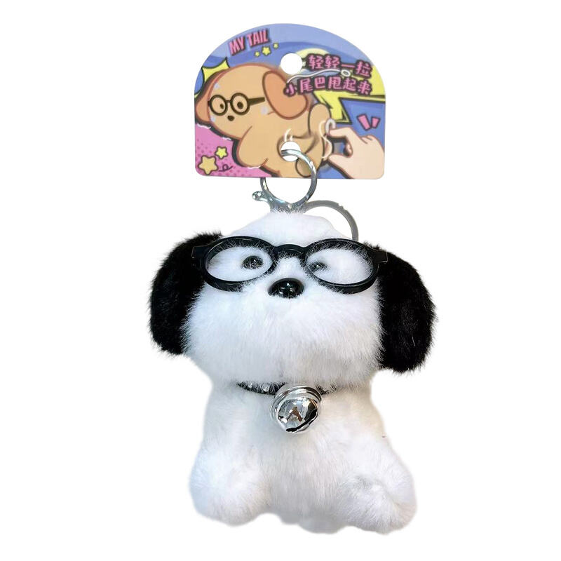 Wiggly Tail Glasses Puppy Plush Keychain – Interactive Pull-Tag Charm with Bell (2 Colors)