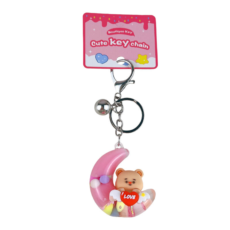 Kawaii klíčenka s měsícem a olejem ve vodě (typ pískového hodin), kute medvídek s láskou a srdcem – fidget hračka, přenosná klíčenka na kabelku/automobil jako dárek
