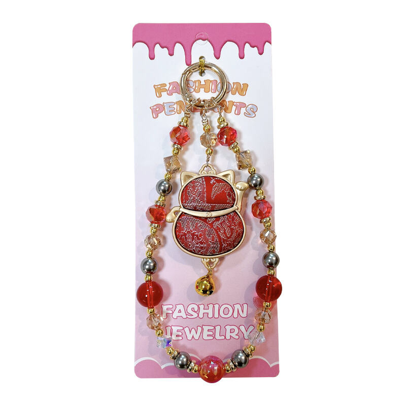 Song Brocade Double-Sided Lucky Cat Beaded Lanyard - 4 Color Options, Auspicious Phone Charm & Bag Accessory with Sparkling Crystal Beads, Traditional Chinese Fortune Gift