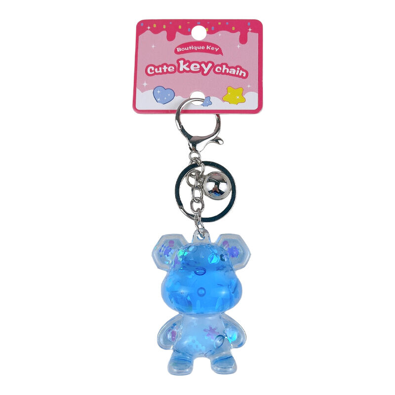 Klíčenka s modrým leskem a tekutinou, dostupná v různých tvarech (medvídek/srdce/hvězda), kawaii doplněk pro kabelku jako dárek