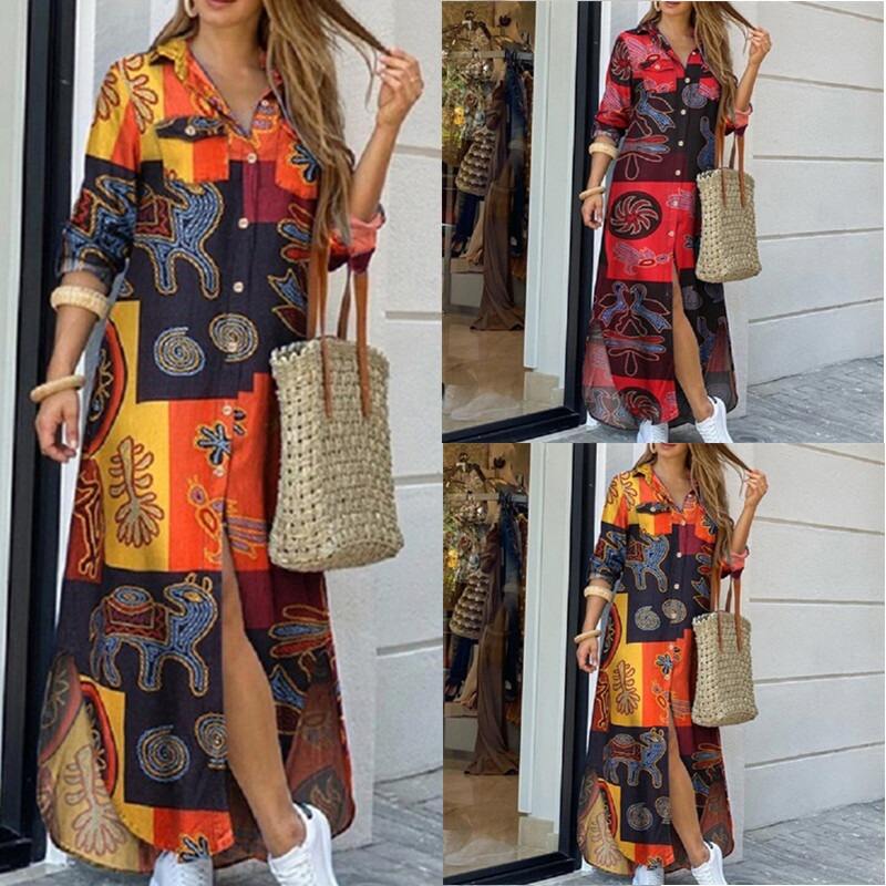 Dropshipping Hot Sale Fashion Women Long Shirt Dress Plus Size Blouse Button Long Sleeve Button Printed Europe Lady Maxi Casual Dresses