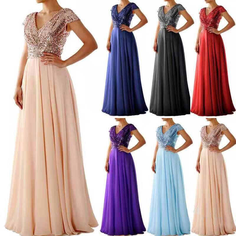 Drophandel kvinnlig V-halsad pärlbesatt patchwork elegant formell lång klänning kvällskläder