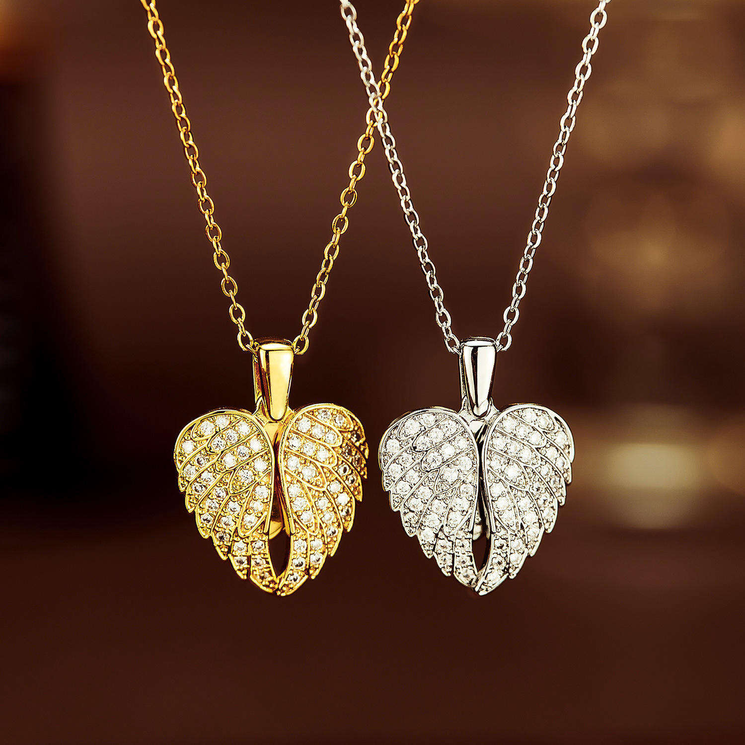 Dropshipping Non Tarnish 18k Gold Plated Stainless Steel Jewelry Fashionable Zircon Angel wings Open Blank Heart Pendant Necklaces for Women