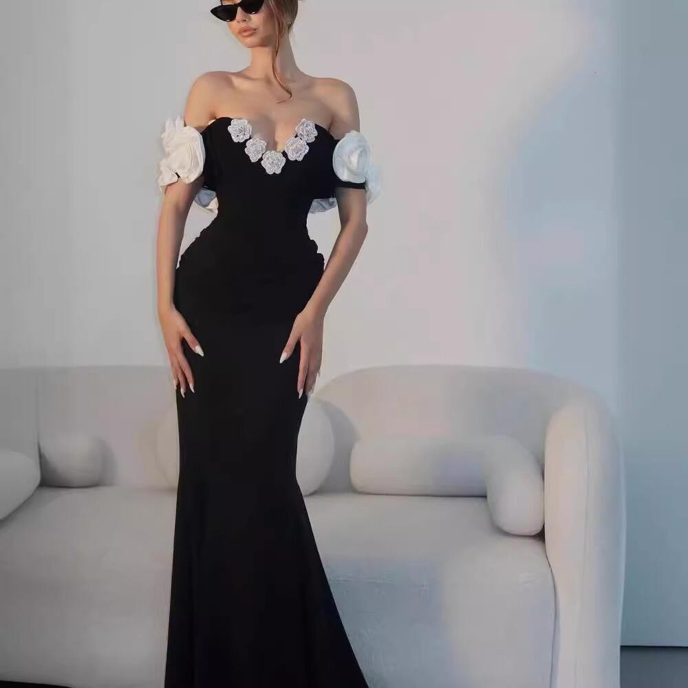 Dropshipping Kvällsklänning Elegant Samsyr 3D Blommor Bandage Maxi Klänning Sexig Avklappad Ärmlos Kvinnor Kändis Party Klänningar