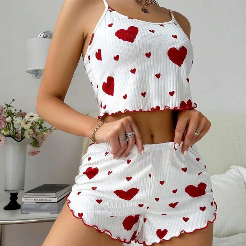 Dropshipping 2025 European and American Women's Knitted Pit Stripe Print Sweet Camisole Pajamas