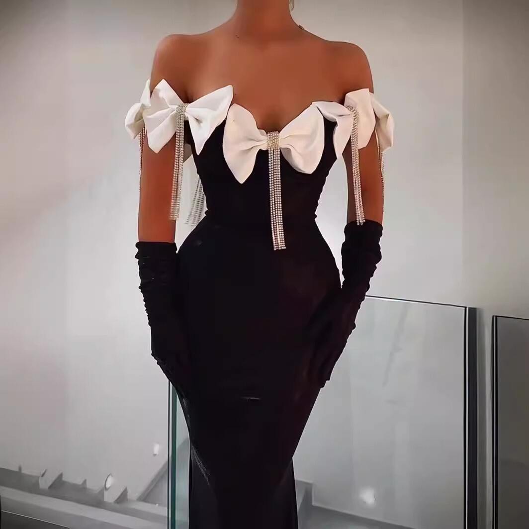 Dropshpping Bow Enkeltragsklänning Dam Födelsedag Eleganta Svarta Kväll Promenadmiddag Klänningar Bak Slit Dam Klänningar