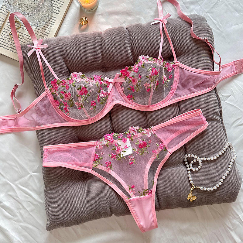 Dropshipping Floral Embroidery Sexy Lingerie for Women Delicate Fairy Set 2-Piece Lace Lingerie Sets