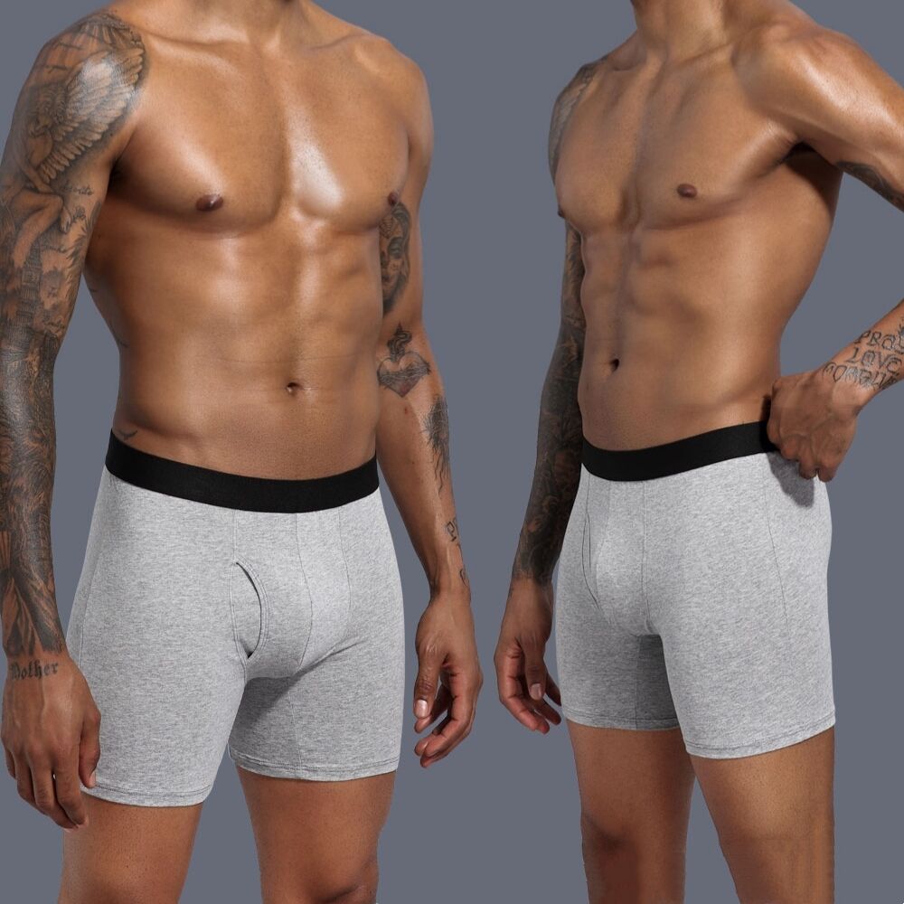 Dropshipping EU USA Mens Underwear Boxer Briefs Cotton Custom Logo Sports Solid Color Extended Legs Open Fly Plus Size Underwear for Men