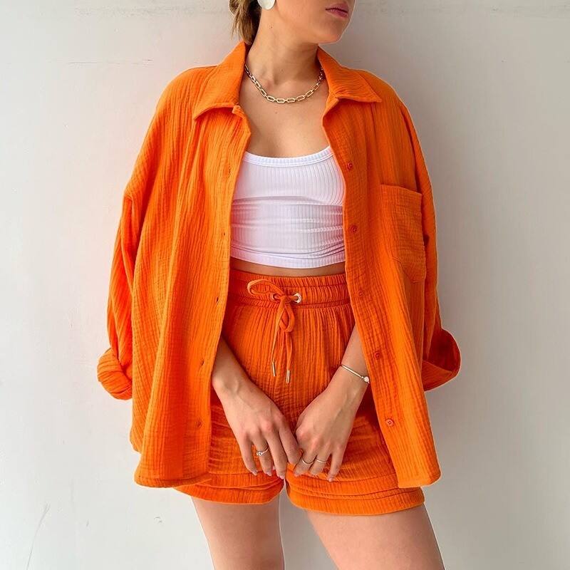 Dropshipping Clothing Women Ruffled Lapels Long Sleeve Shirt Shorts Loose Suit Casual Two Piece Sets
