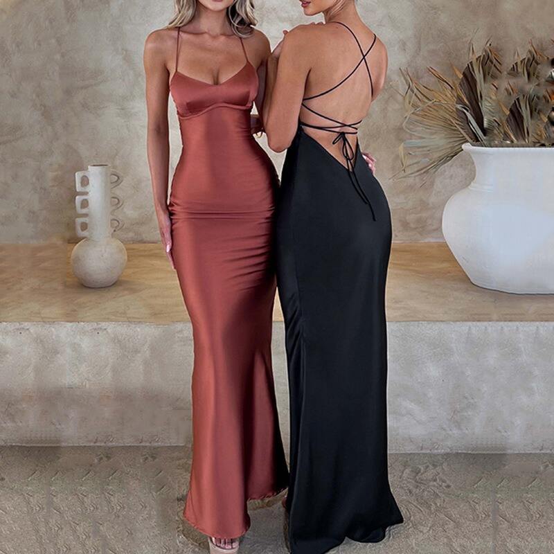 Dropshipping Summer Women Bodycon Dress Satin Lace up Long Midi Vintage Backless Elegant Party Outfits Sexy Club Clothes Dress Robe