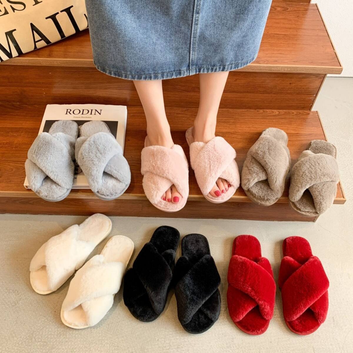 Dropshipping Women's Fashion Soft Indoor Home Fluffy Fuzzy Slippers Fur Cross Open Toe Fur Slides Comfortable Slippers Autumn