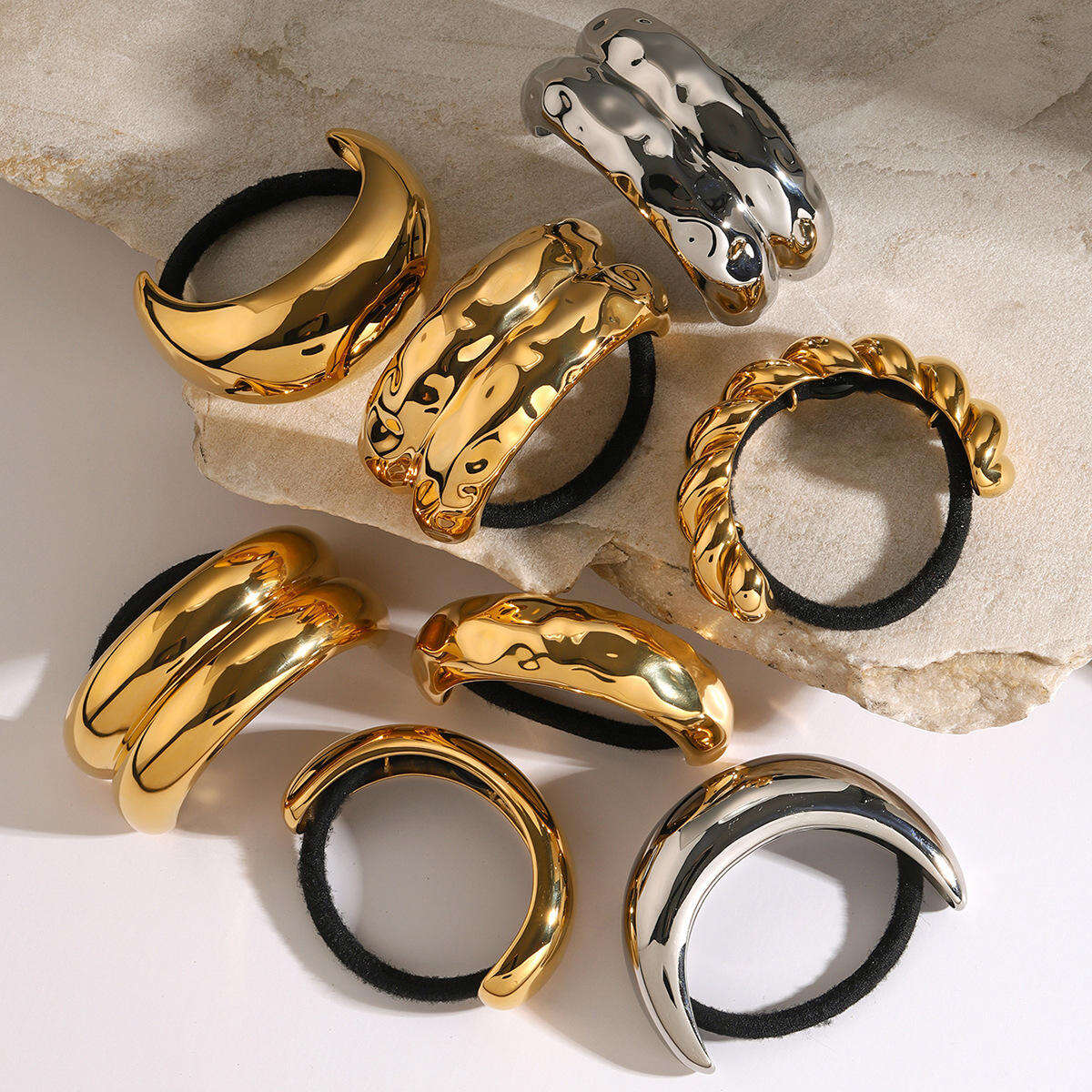 Dropshipping 18k Gold Plated Chunky Alloy Cool Hip Hop Hair Tie Glossy Golden Elastic Hair Tie for Women Girls