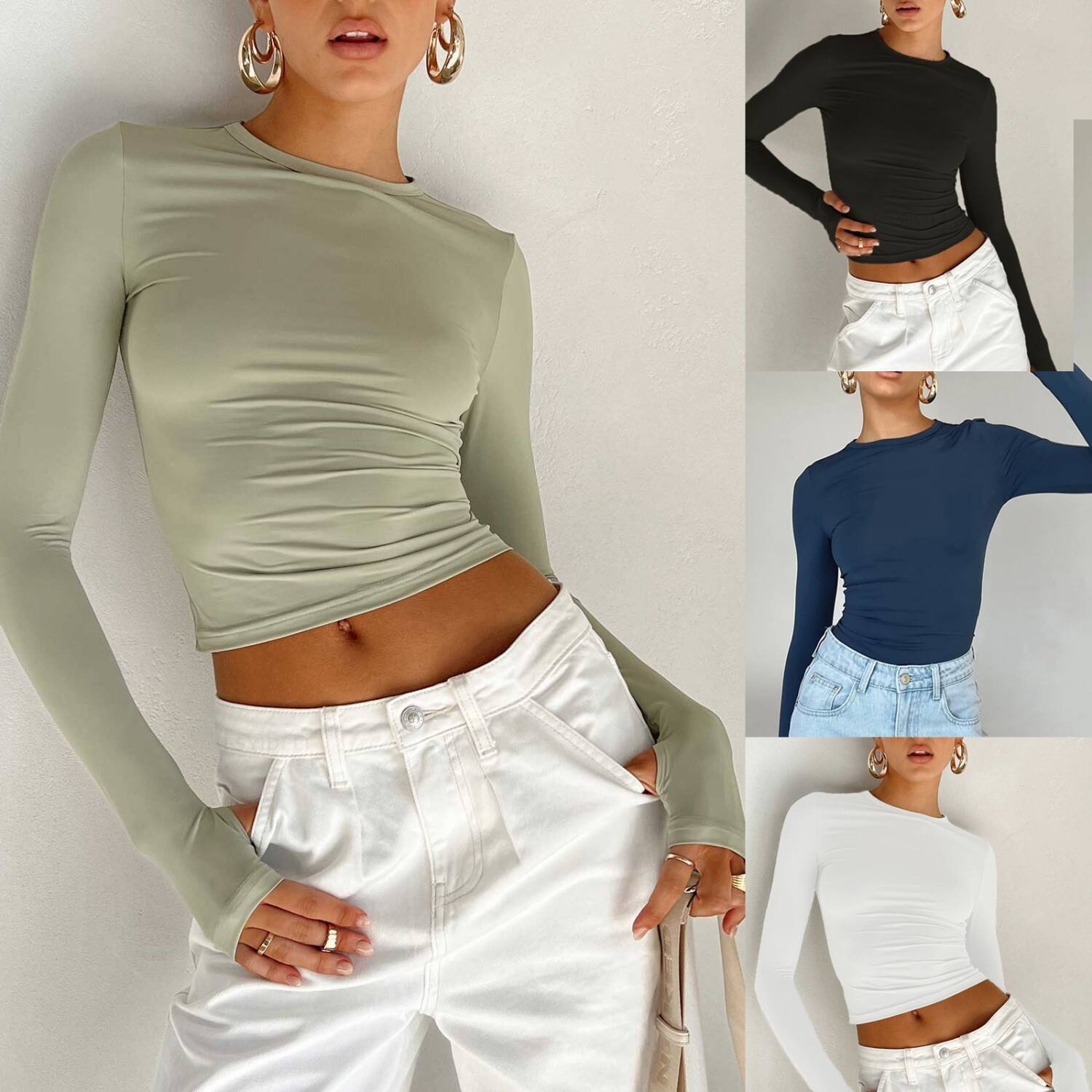 Dropshipping Egen Logotyp Dams Mode Snabbtorkande Croptop Långärmad Tröja Med Halskrag Olika Färger Basiskläder Slank Informell Stil Stickad T-shirt