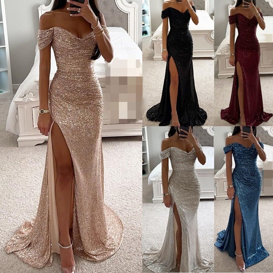 Dropshipping Elegant Women's Sequined Slit Neck Ball Gown Dress Long Maxi Formal Evening Prom Wedding Dresses