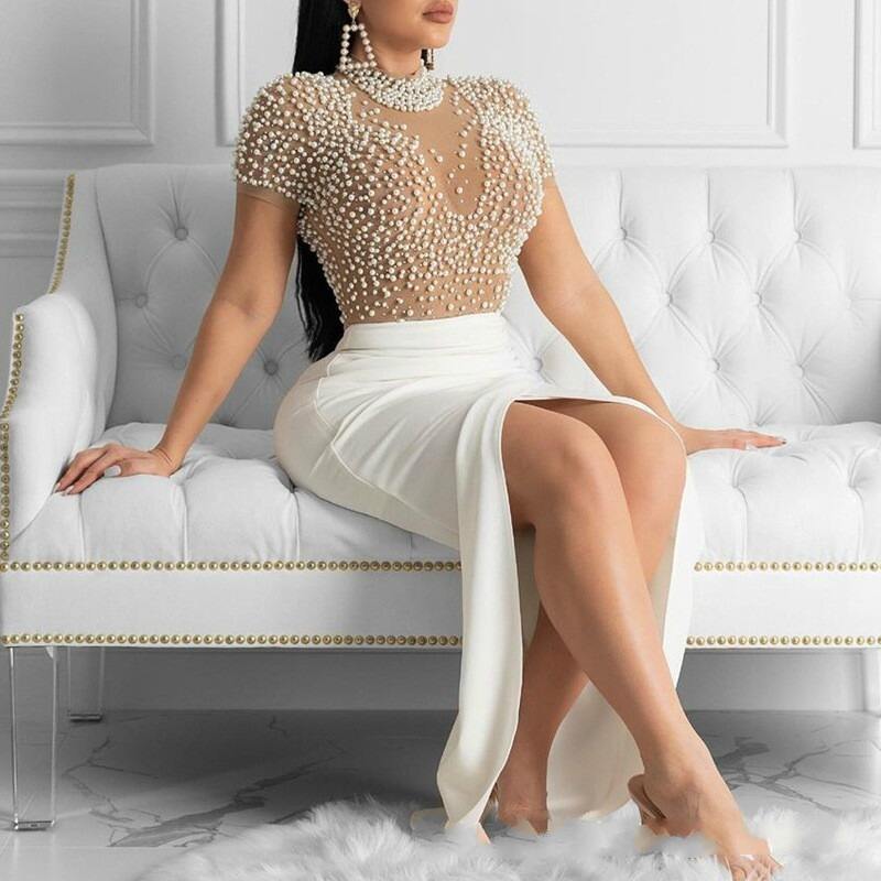 Dropshipping Lady Elegant Party Dress Luxurious Sexy See-Through Tulle Beaded Pearls High Neck Short Sleeve Split Women's Evening Dress