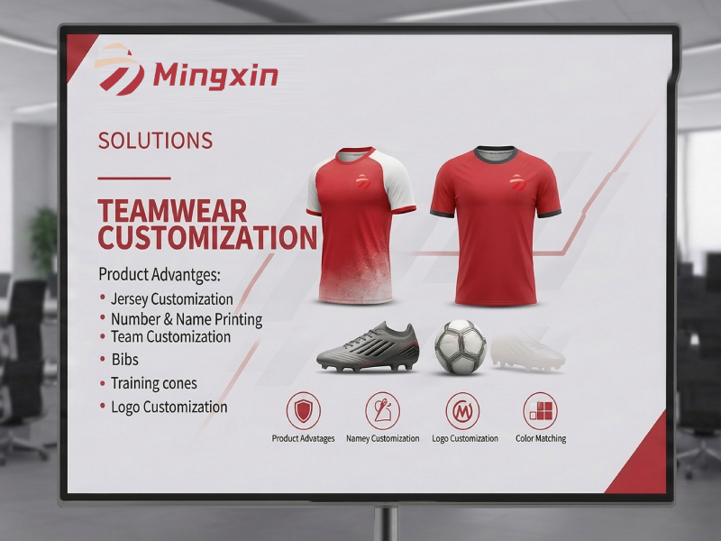 Presenting the Mingxin Teamwear Customization display, as featured on a screen in a modern, open-plan office. 