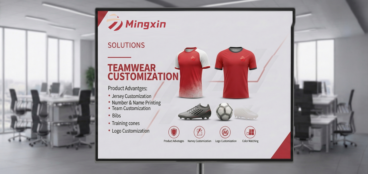 Presenting the Mingxin Teamwear Customization display, as featured on a screen in a modern, open-plan office.