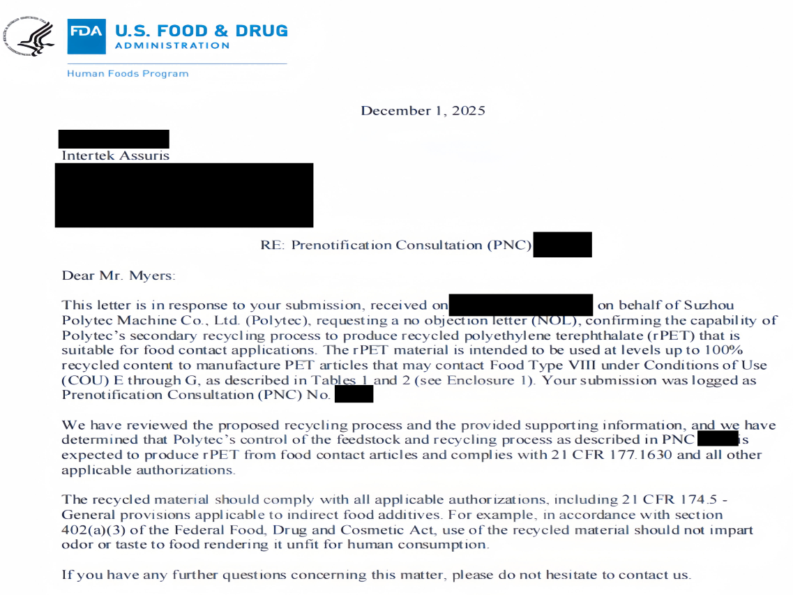 Společnost SUZHOU POLYTEC MACHINE CO., LTD získala certifikaci FDA pro svou linku na recyklaci a čištění potravinářského PET