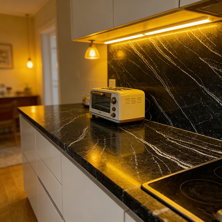 YDSTONE Modern Design Poetic Black Quartz Kitchen Countertop White Vein Stone Slab for Restaurant Bar Vanity Top 3D Model Design